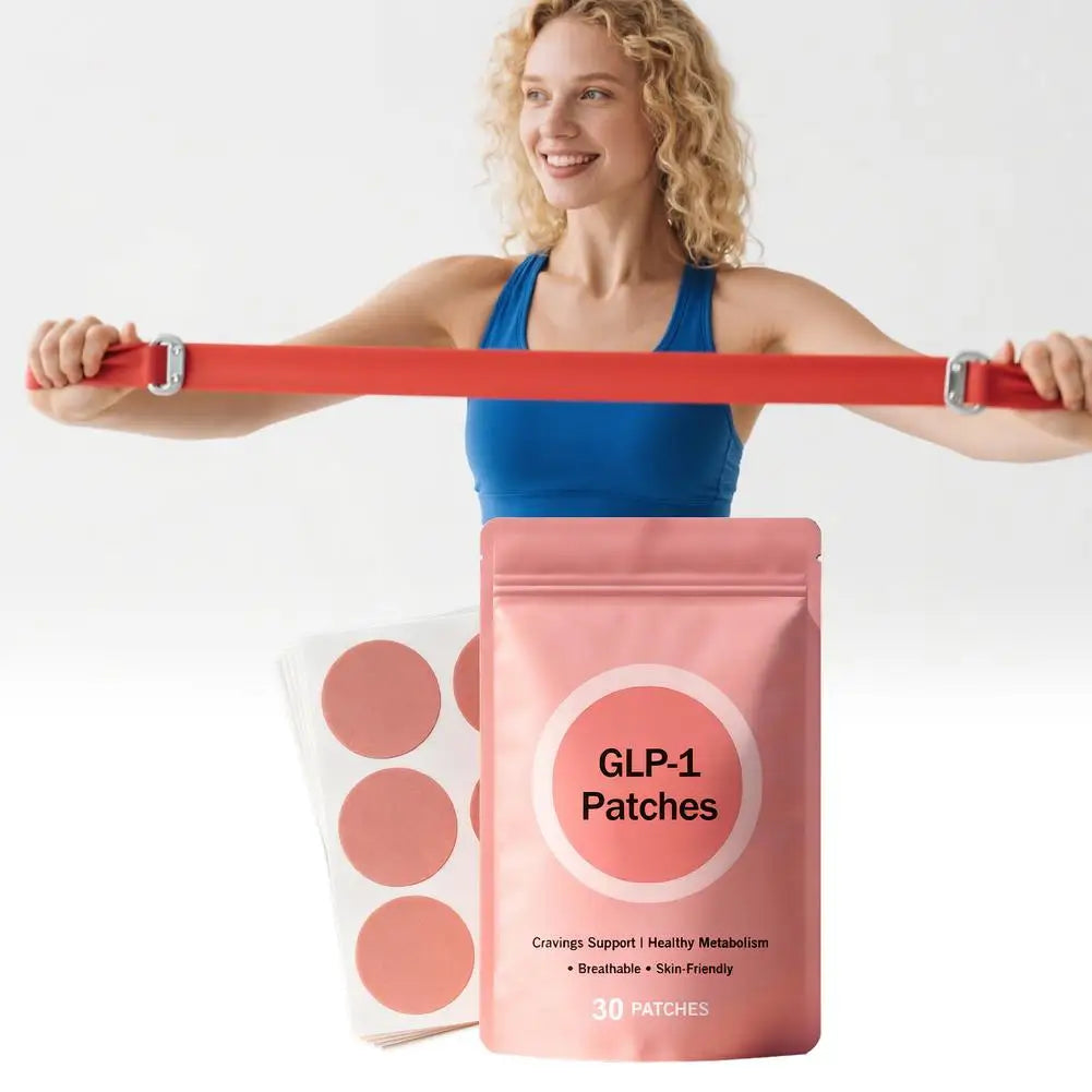 Plant Based GLP 1 Wellness Patches in packaging with a woman exercising, promoting appetite control and wellness.