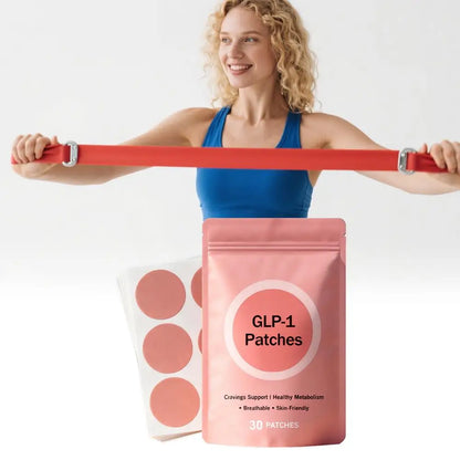 Plant Based GLP 1 Wellness Patches in packaging with a woman exercising, promoting appetite control and wellness.
